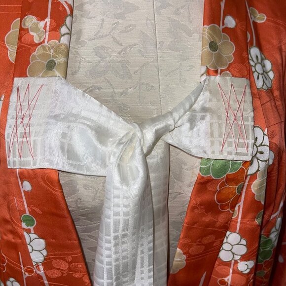 Womens Kimono One Size Orange Maxi Length Tie Front Lined Floral Embossed - Picture 4 of 16